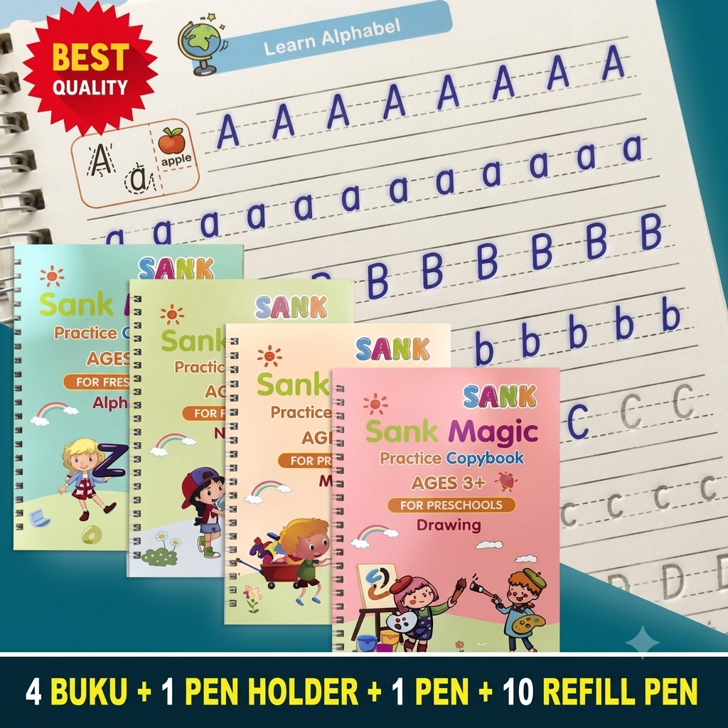 Magic Practice Copy Book for Kids (4 Book + 10 Refill + 1 Pen +1 Grip) 4Pcs Magic Book with Pens, Calligraphy Books for Beginners Practice, Calligraphy Practice Book, Magic Kids Practice Copy Book, Magical Reusable Hand Writing Book
