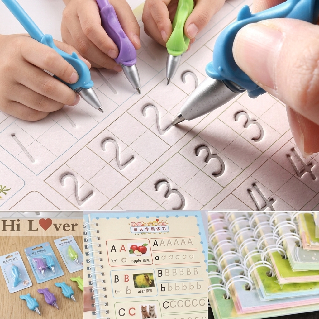 Magic Practice Copy Book for Kids (4 Book + 10 Refill + 1 Pen +1 Grip) 4Pcs Magic Book with Pens, Calligraphy Books for Beginners Practice, Calligraphy Practice Book, Magic Kids Practice Copy Book, Magical Reusable Hand Writing Book