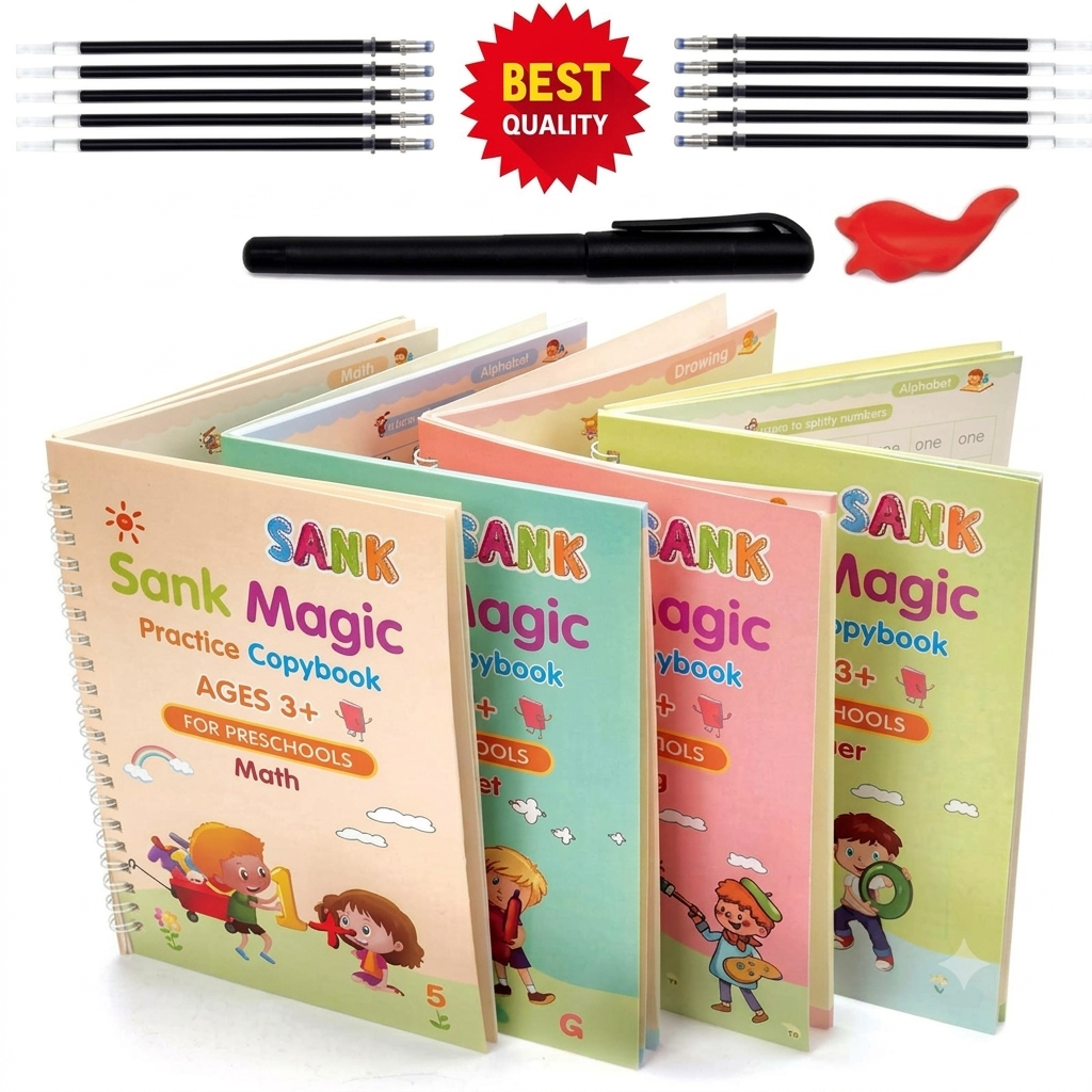 Magic Practice Copy Book for Kids (4 Book + 10 Refill + 1 Pen +1 Grip) 4Pcs Magic Book with Pens, Calligraphy Books for Beginners Practice, Calligraphy Practice Book, Magic Kids Practice Copy Book, Magical Reusable Hand Writing Book