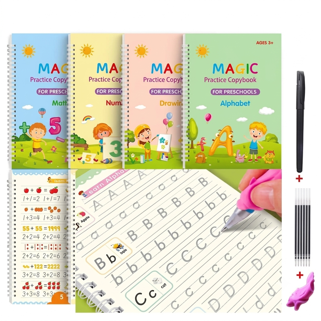Magic Practice Copy Book for Kids (4 Book + 10 Refill + 1 Pen +1 Grip) 4Pcs Magic Book with Pens, Calligraphy Books for Beginners Practice, Calligraphy Practice Book, Magic Kids Practice Copy Book, Magical Reusable Hand Writing Book