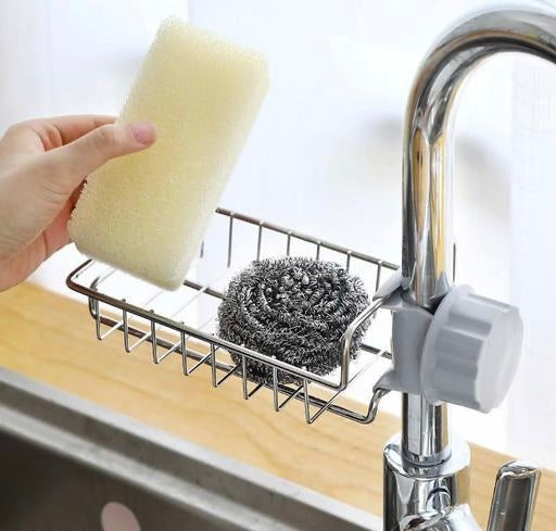 NEW Sponge Holder Over Faucet Kitchen Sink Caddy Organizer, Stainless Steel Detachable Hanging Faucet Drain Rack for Bathroom, Scrubbers, Soap, Chrome (Silver) (pack of 01)