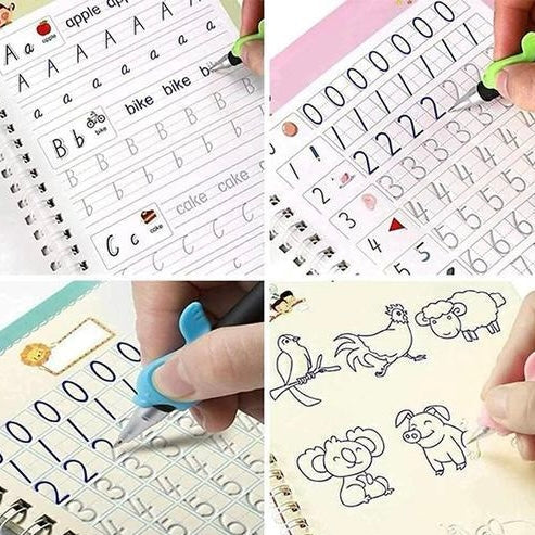 Magic Practice Copy Book for Kids (4 Book + 10 Refill + 1 Pen +1 Grip) 4Pcs Magic Book with Pens, Calligraphy Books for Beginners Practice, Calligraphy Practice Book, Magic Kids Practice Copy Book, Magical Reusable Hand Writing Book